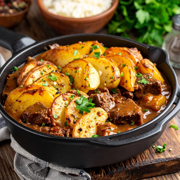 Beef Casserole with Sliced Potato Topping